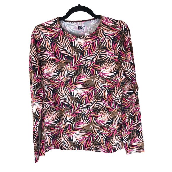 Lands End Crew Neck Long Sleeve Rash Guard UPF 50 Swim Tee Black Multicolor S - Picture 1 of 2